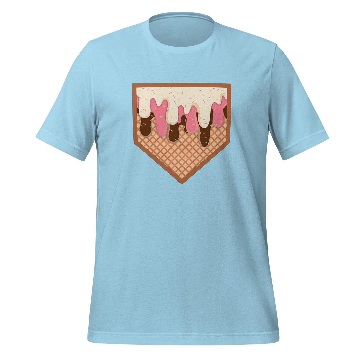 Dripping Home Plate T-Shirt – Fun Baseball Graphic Tee – Summer Ballpark Vibes on Sky Blue Shirt